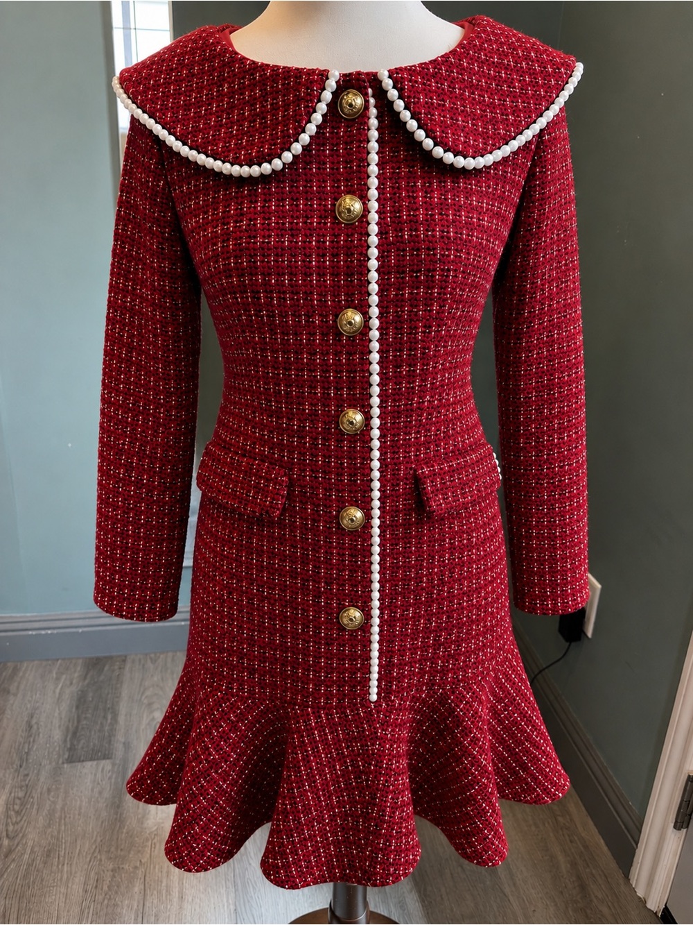 Red Tweed Pearl Trim Mini Dress ❤️✨ NWOT